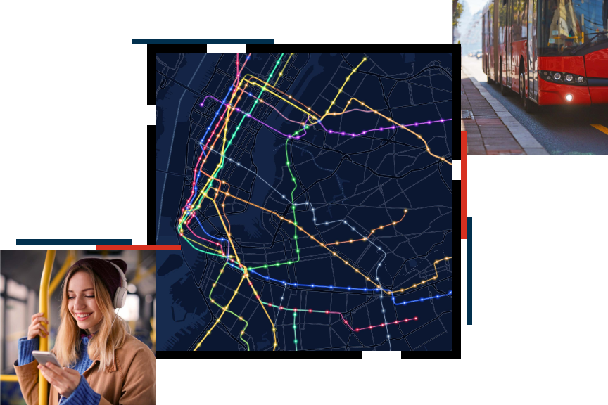 Un mapa de una ciudad con rutas marcadas con colores, un autobús rojo parado junto a una acera de adoquines, una persona sonriente con auriculares mirando un teléfono móvil