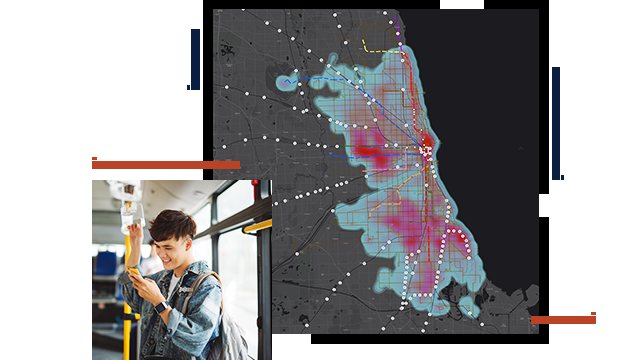 A concentration map in blue and pink on a gray background, and a photo of a person with a backpack on a subway train smiling at a mobile phone