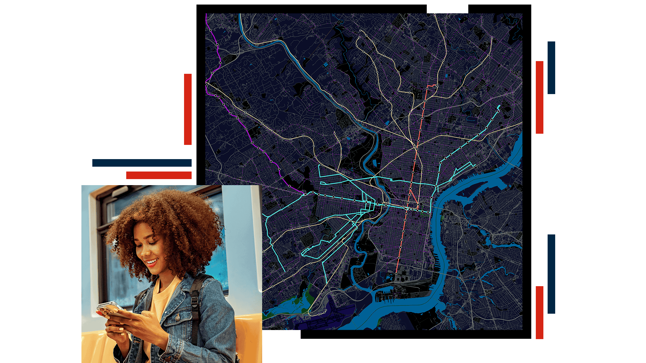 Smiling person checking route information on a cellphone and dark map depicting transit routes in various colors in a city with a river