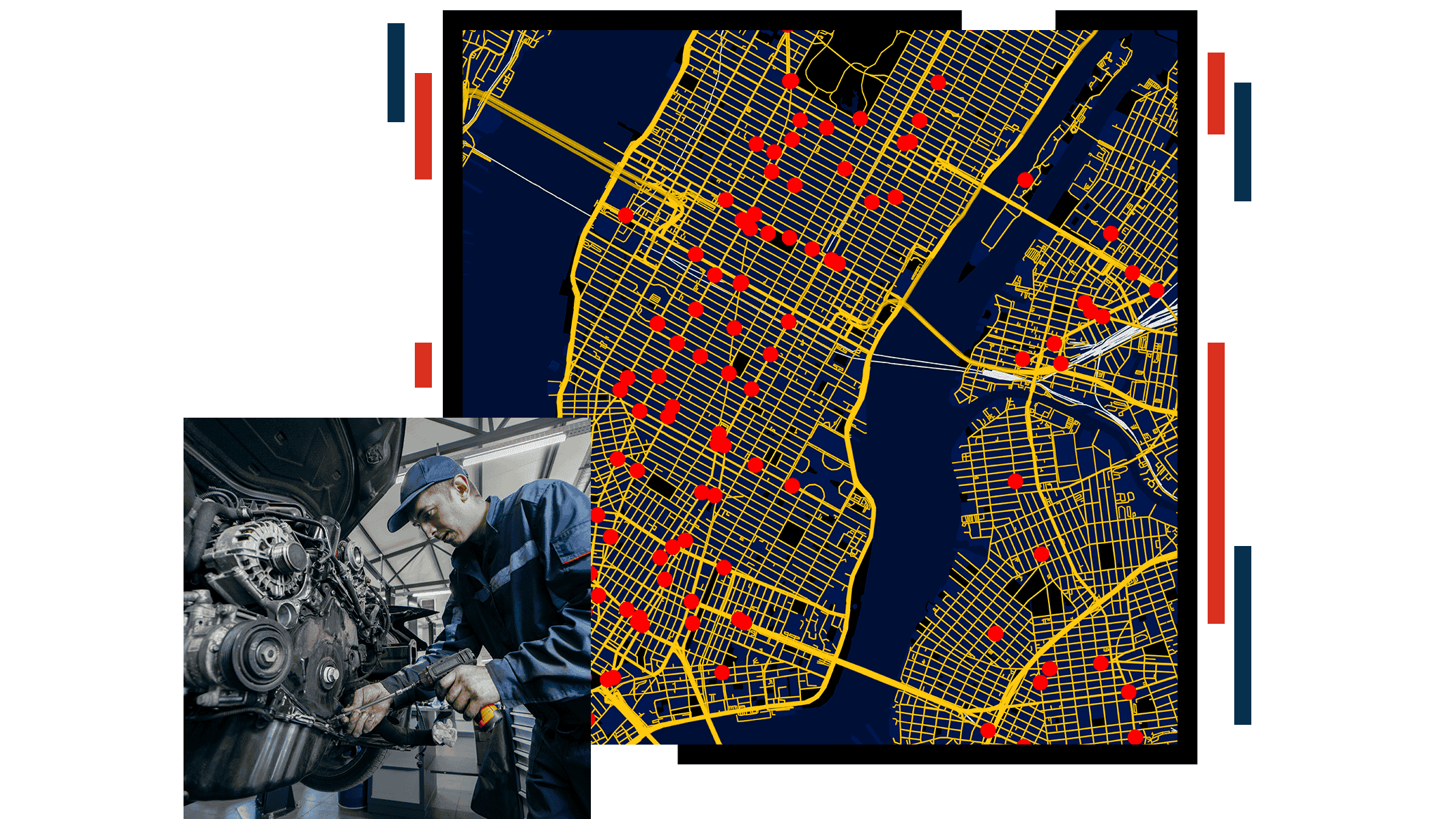 A map of Manhattan displaying bridges and streets highlighted in yellow and subway stations with red dots overlaid with an image of a mechanic fixing an engine