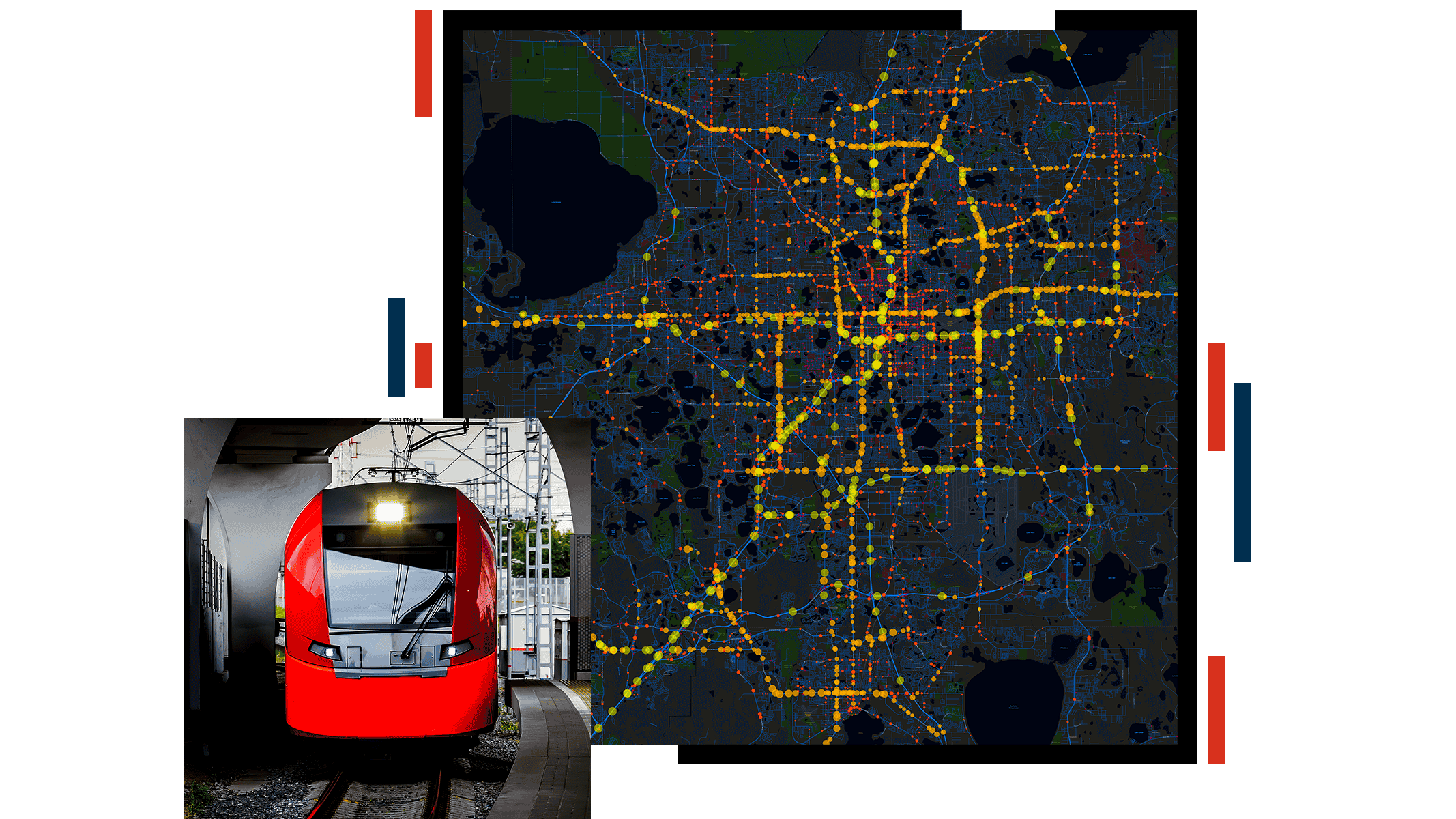 A heat map displaying stops along transit lines in a large network overlaid with an images of a modern commuter train