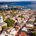 A historic, coastal town on a sunning day