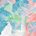 A map with sections highlighted in shades of green, blue, red, and gray