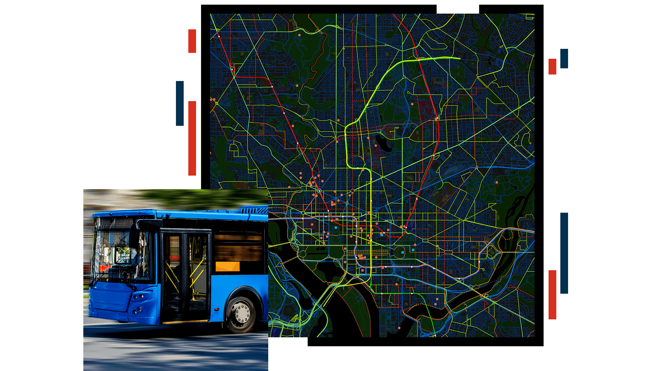 A map of a large transit network overlaid with an image of a moving blue bus