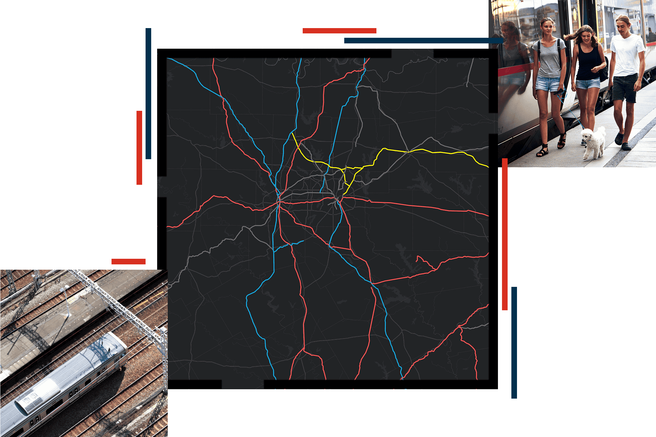 An abstract map with multicolored lines that intersect overlaid with images of a train yard and people walking near a train