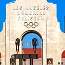 Entrance to the Los Angeles Memorial Coliseum, which dispays the Olympic rings on the facade