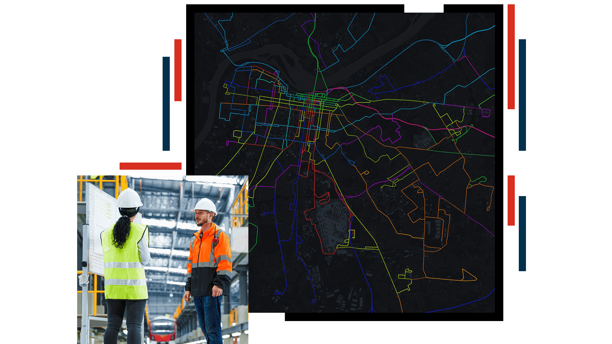 Two transit workers in hard hats and safety vests discuss information on a whiteboard in a train facility and dark map with transit routes marked in bright colors