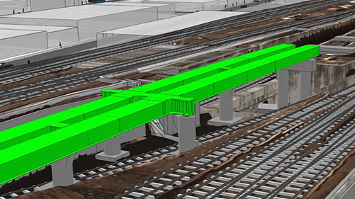 Digital rendering of rail tracks underneath an overpass
