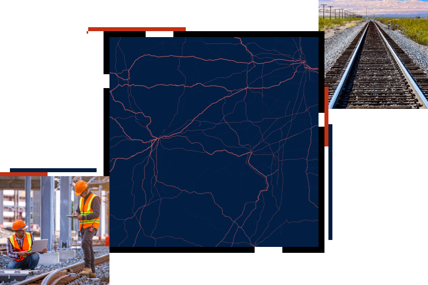 Two people working in hard hats and orange vests, a map with a dark blue background and many intersecting orange lines, and a railroad track