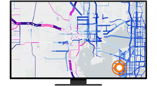 computer screen with large map that has blue and pink lines