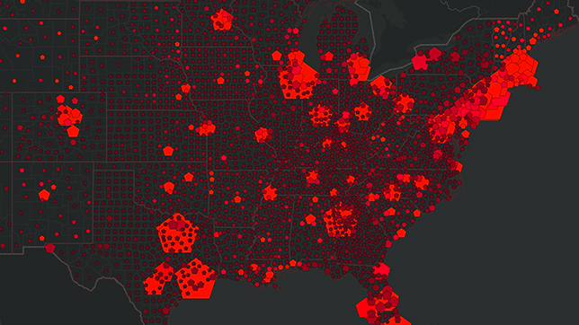 Black map of the United States with clusters of red indicating desirable rail sites