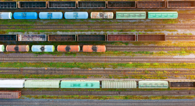 Aerial view of trains on parallel tracks