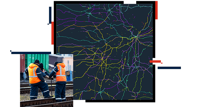 3 people working on a railway track, dark map with vibrantly colored lines