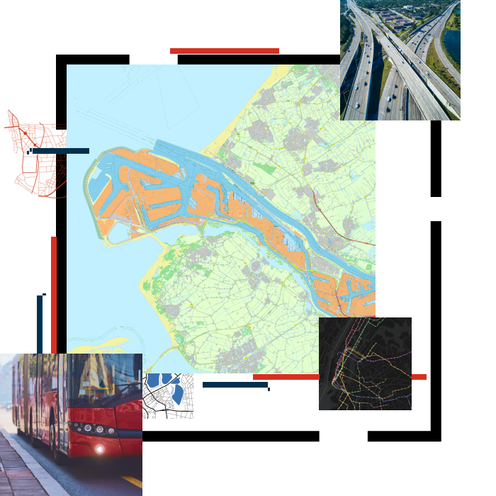 Um mapa de uma região costeira com áreas sombreadas em laranja e azul, e várias imagens menores de um carro vermelho, um trevo de rodovia, um aeroporto e dois mapas de área