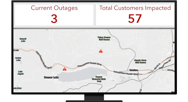Una mappa grigia con simboli di avvertenza rossi che elenca 3 interruzioni in corso e un totale di 57 clienti interessati da tali interruzioni