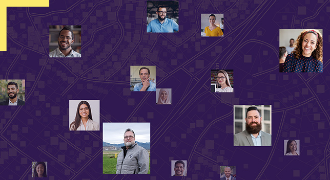 A dark purple map graphic overlayed with an assortment of square portraits of people smiling