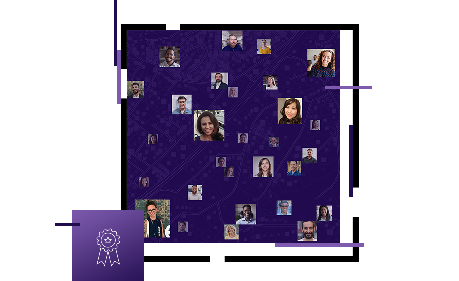 purple square with people's photos in it, icon of an award ribbon
