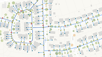 A utility network map that shows the condition of assets with dots of various colors