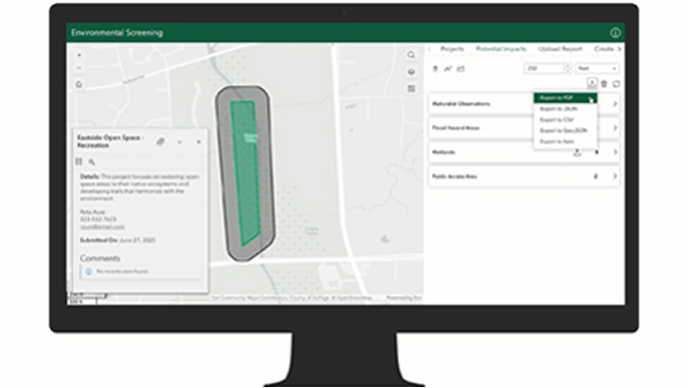 Graphic of a computer monitor displaying an environmental screening app of an area alongside menus of analysis options