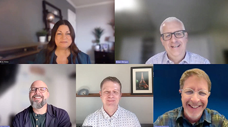 A screenshot from the featured webinar showing five remote presenters smiling from separate screens