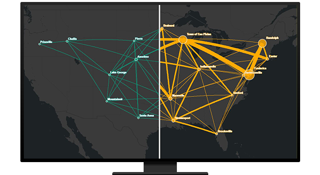 A graphic of a computer monitor displaying a connection map of North America in gray, green, and yellow