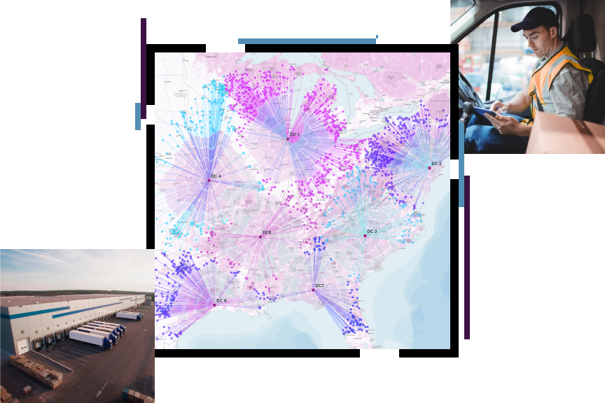 A connection map of the US in pinks and purples, overlaid with a photo of a person sitting in a utility vehicle using a tablet and a photo of cargo trucks parked at a row of loading docks