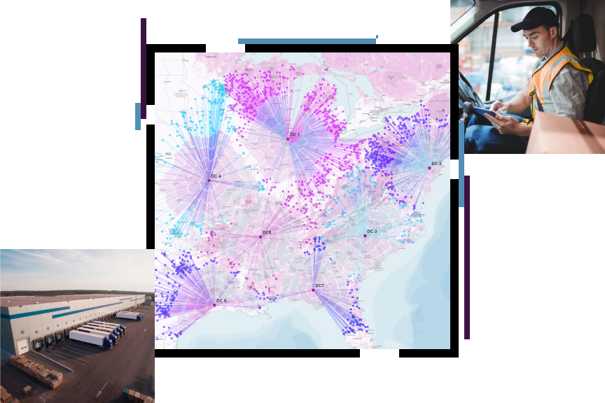 Carte de connexion des États-Unis en rose et violet, recouverte d’une photo d’une personne assise dans un véhicule utilitaire et utilisant une tablette, ainsi que d’une photo de cargos garés le long de quais de chargement