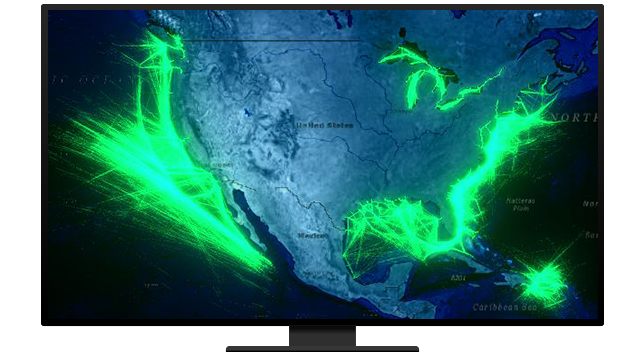 Graphic of a computer monitor displaying a contour map of North America in blue and green on a black background