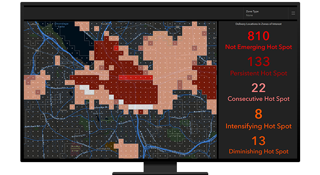 Grafische Darstellung eines Computerbildschirms mit einem Dashboard mit einer Heatmap in Rot und Rosa und einer Liste von Hot-Spot-Datasets