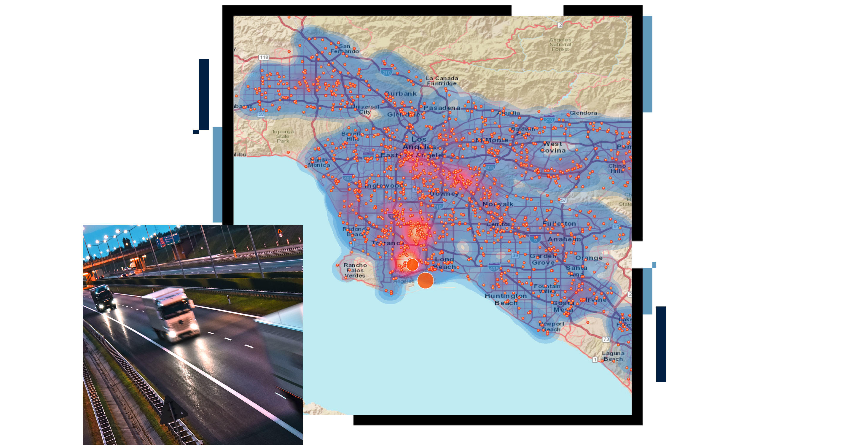 An area concentration map in blue and red, overlaid with a photo of cargo trucks on a rainswept highway