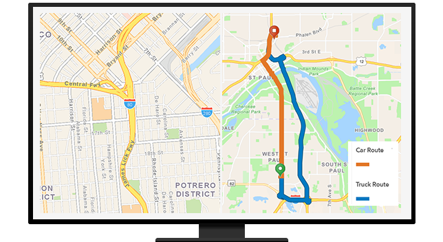 A graphic of a computer monitor displaying a city-level road map alongside a city-level route map