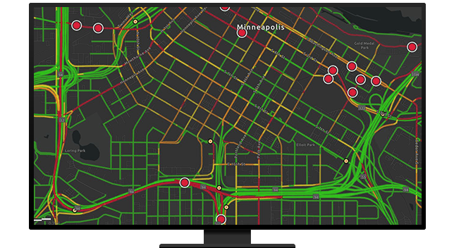 Grafische Darstellung eines Computerbildschirms mit Schnellstraßen und Routenpunkten in Dunkelgrau und Grün