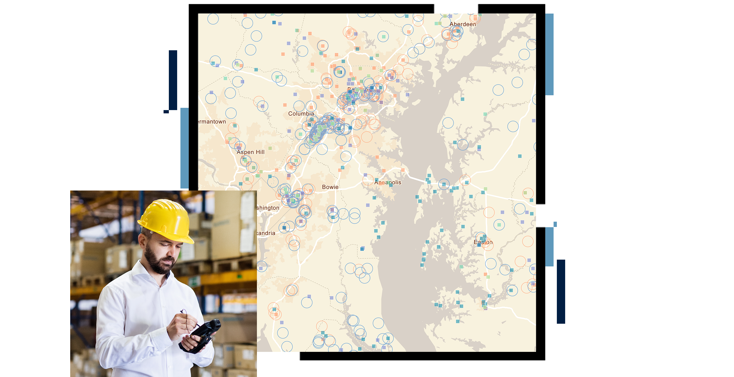 A map showing points in blue on a beige background, overlaid with a photo of a person in a hardhat  using a mobile device in a warehouse