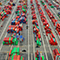  An aerial view of multicolored shipping containers stacked near a port