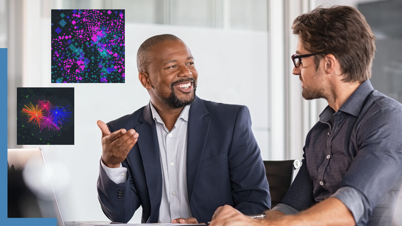 Two business professionals in a gray and white modern office having an animated discussion, overlaid with two small colorful maps