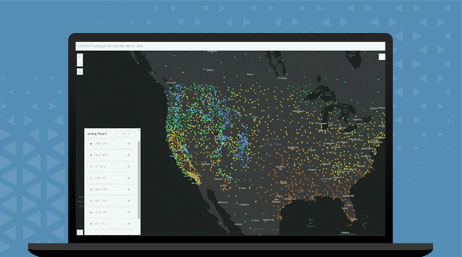 Un gráfico de un monitor de portátil que muestra un mapa de densidad de América del Norte en puntos multicolores sobre un fondo negro