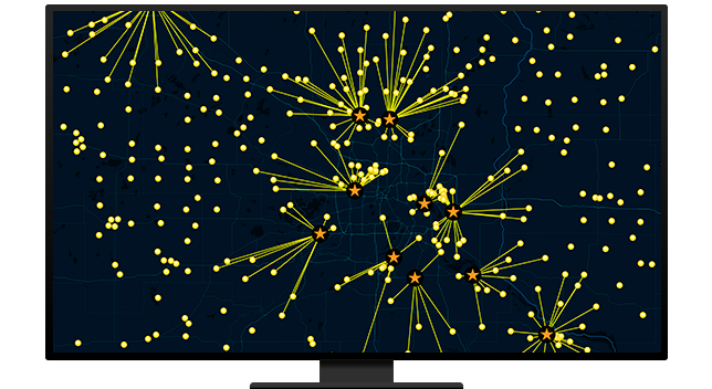 A graphic of a computer monitor displaying a connections map in yellow on a blue background