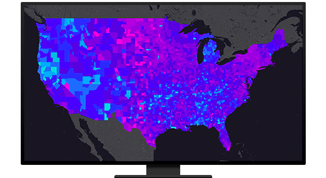 A graphic of a computer monitor displaying a map of North America in blue and purple on a black background