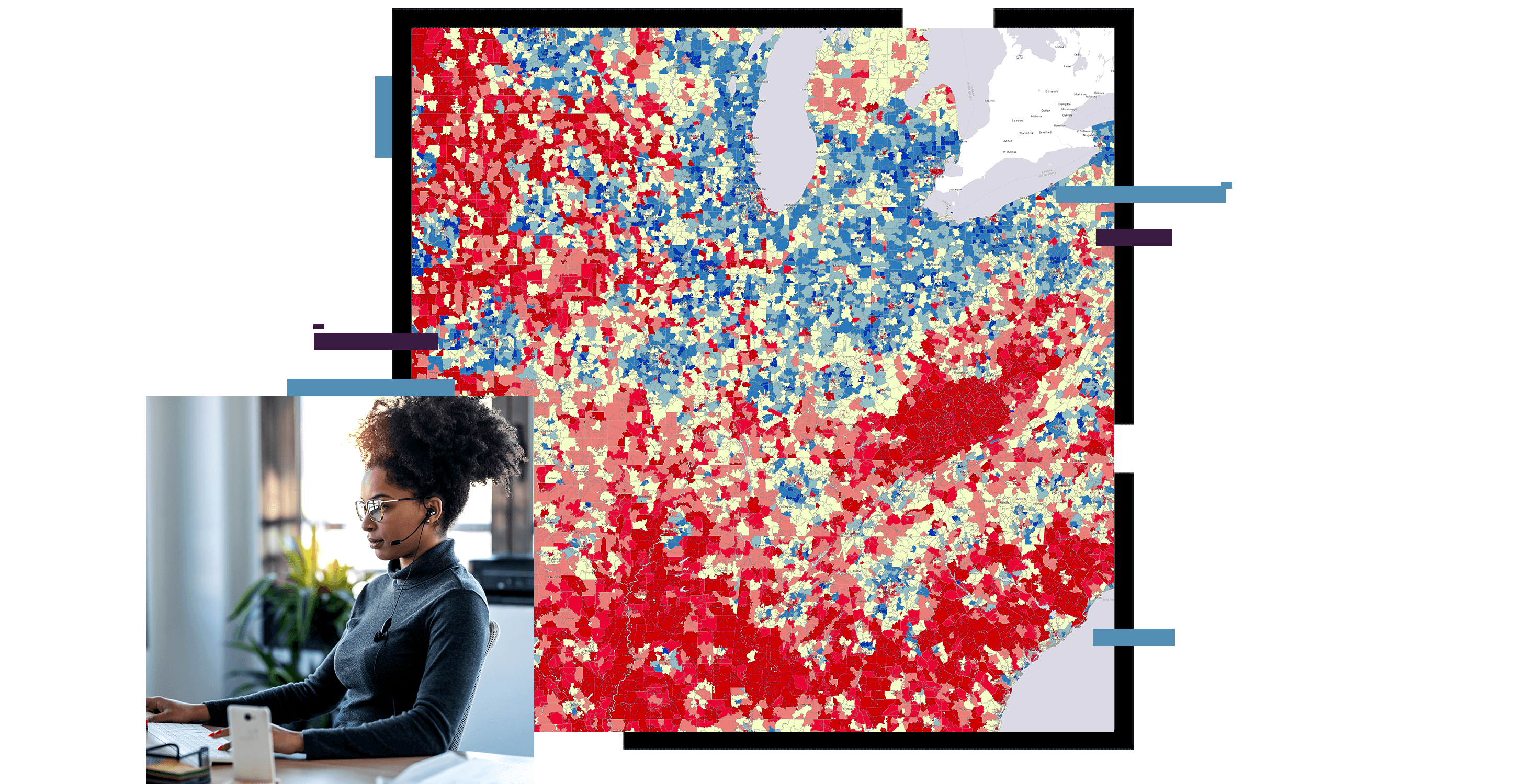 A concentration map in blue and red overlaid with a photo of a person using a headset and laptop in a home office 