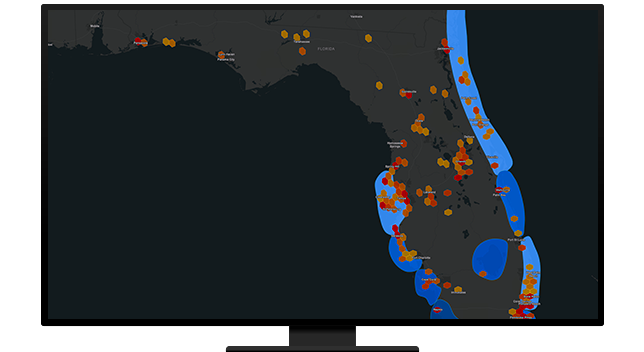 Un mapa de concentración de Florida en amarillo y rojo sobre un fondo gris