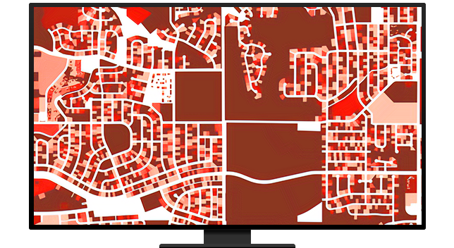 A graphic of a computer monitor displaying a city street map in white on dark red and pink