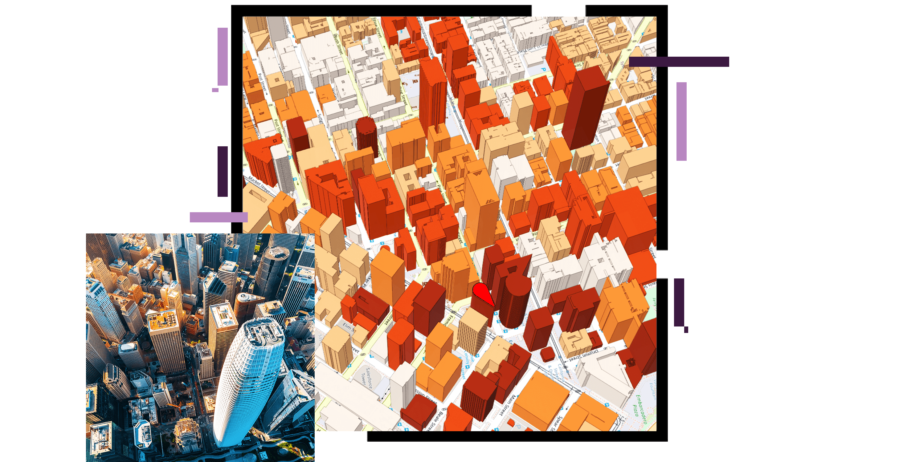 Vista aerea di un rendering 3D di una città piena di grattacieli ombreggiati in arancione e rosso accanto a una foto area corrispondente di una città reale