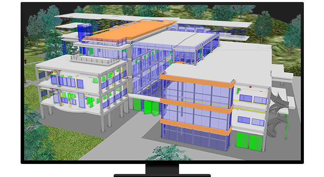 Immagine del monitor di un computer che visualizza un modello 3D di un edificio di uffici in bianco e viola su sfondo verde pieno di alberi