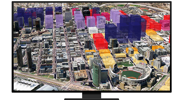 Graphic of a computer monitor displaying an aerial photo of an urban city with several buildings highlighted in purple, red, or yellow