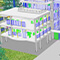 A 3D model of an office building in white and purple