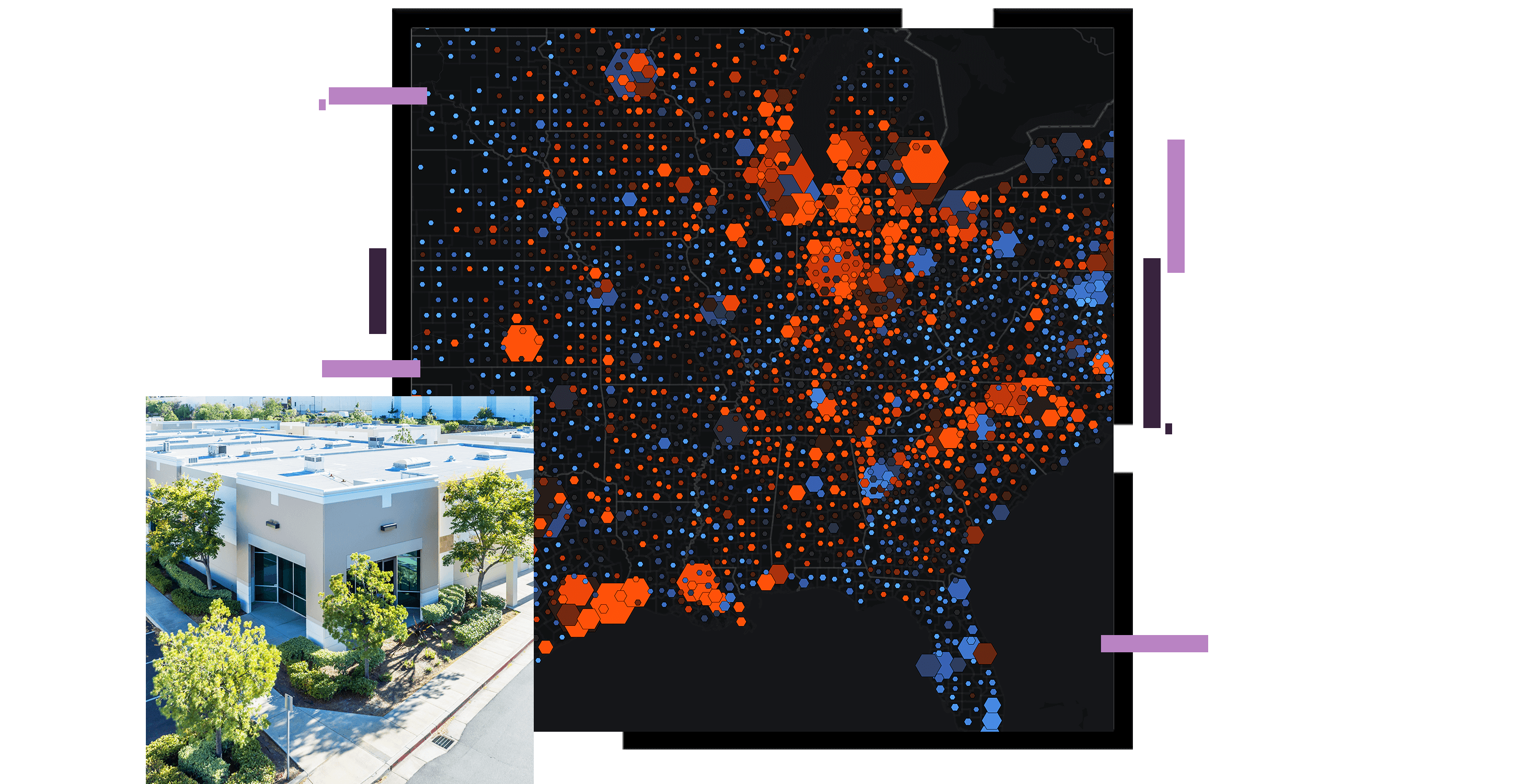 Mappa di concentrazione degli Stati Uniti con gruppi mostrati in blu e arancione e una piccola foto di un centro commerciale assolato punteggiato di alberi