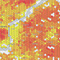 A gray map of Philadelphia overlaid with an abstract grid of red, orange, and yellow hexagons 