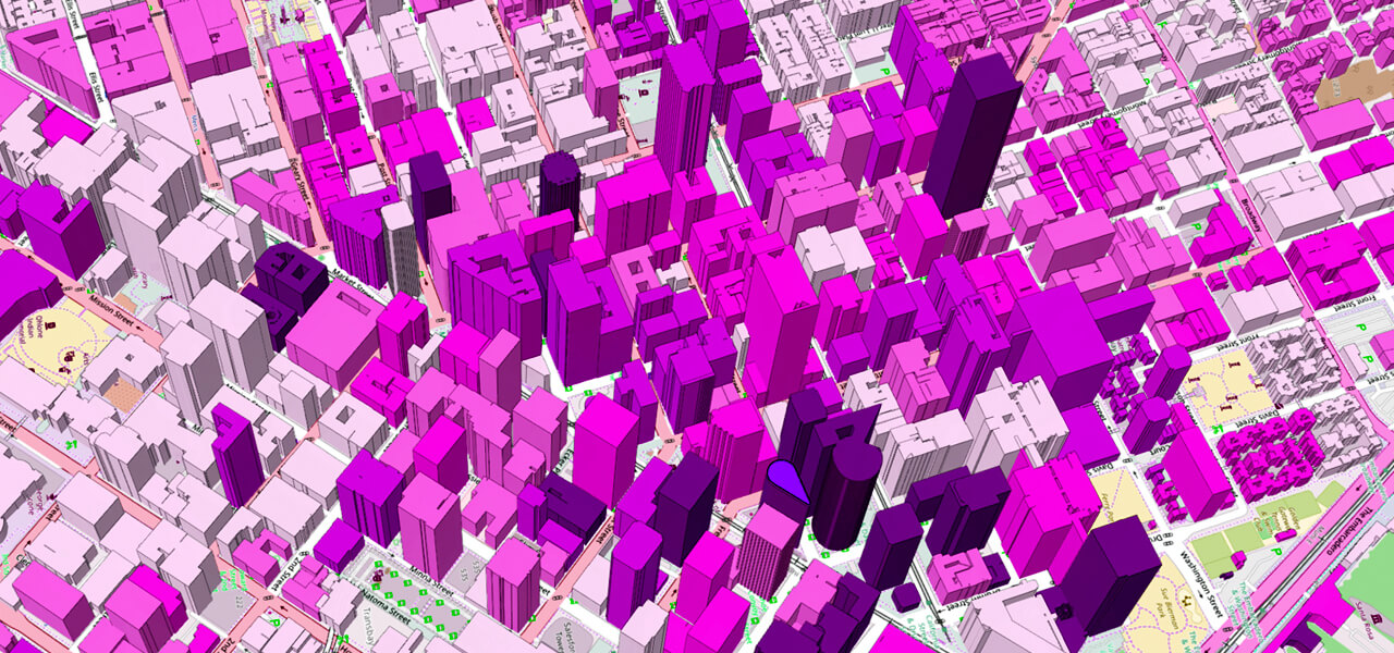 Uma vista aérea de uma renderização em 3D de uma cidade cheia de arranha-céus sombreados em rosa e roxo