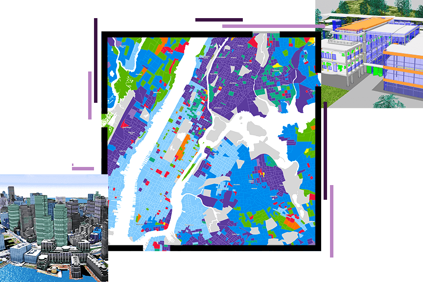 Carte immobilière colorée, graphique en 3D d’un centre commercial et rendu en 3D d’une ville en bord de mer