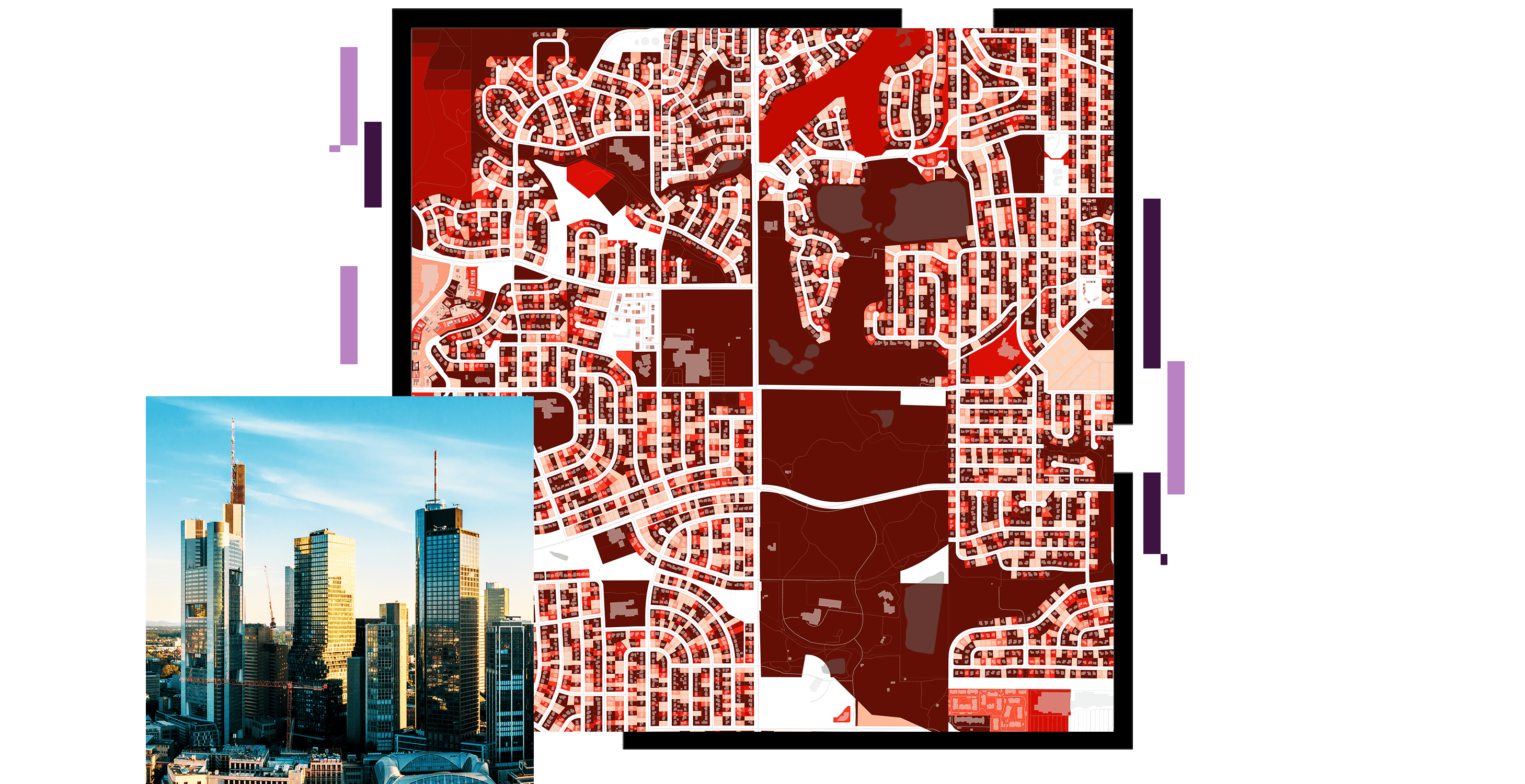 A city map in dark red and white, beside a small photo of a city skyline with skyscrapers mirroring a sunrise under a bright blue sky  